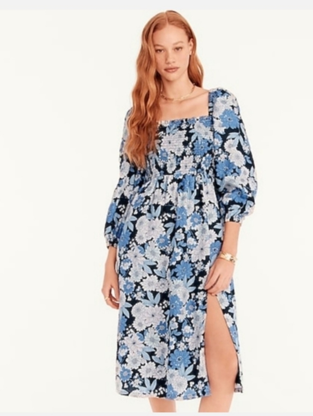 J.Crew Linen Daydream Midi Dress Navy Zinnia Floral Side Slit XXL Cotton Lined